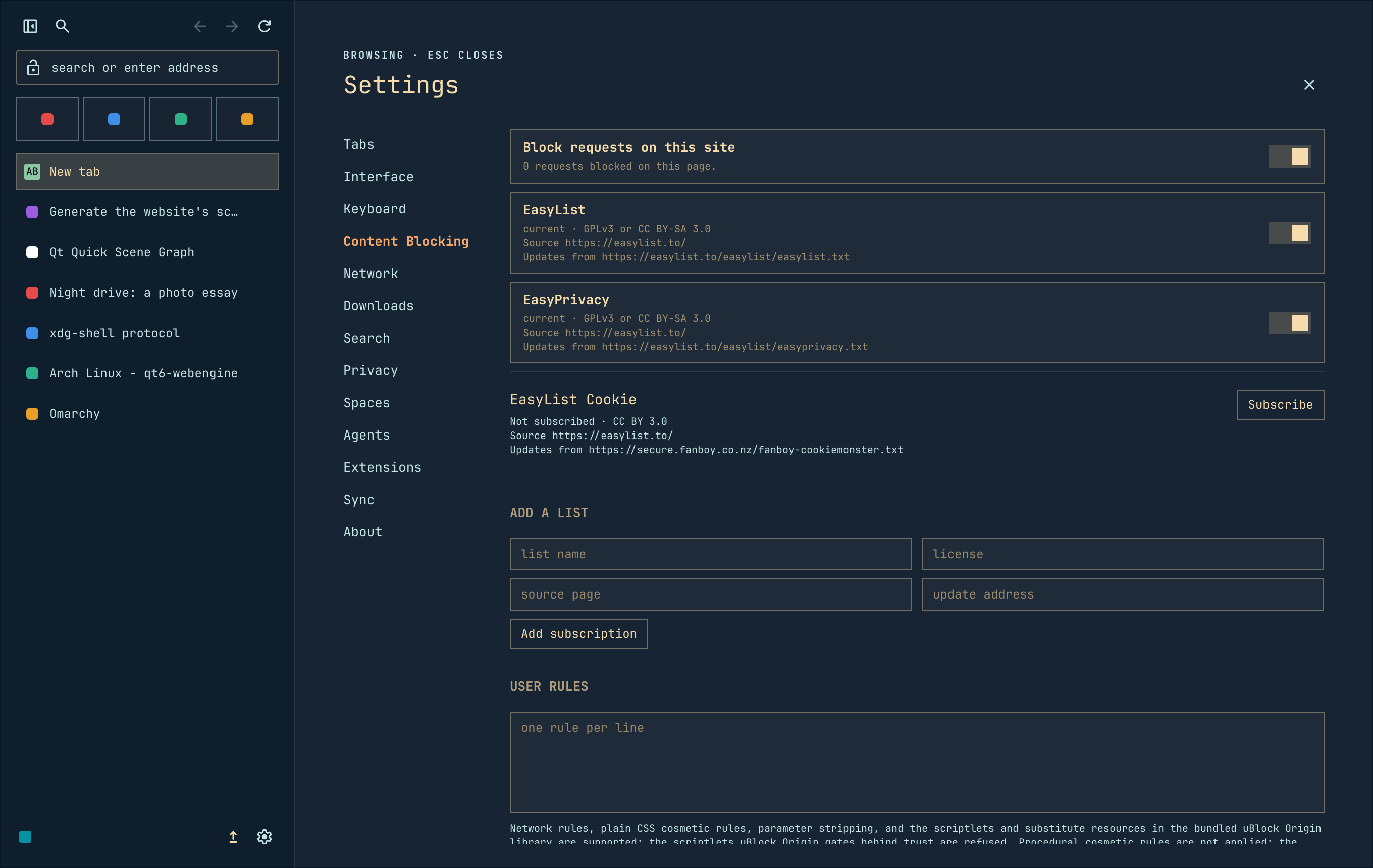 The Content Blocking settings, with filter lists and user rules