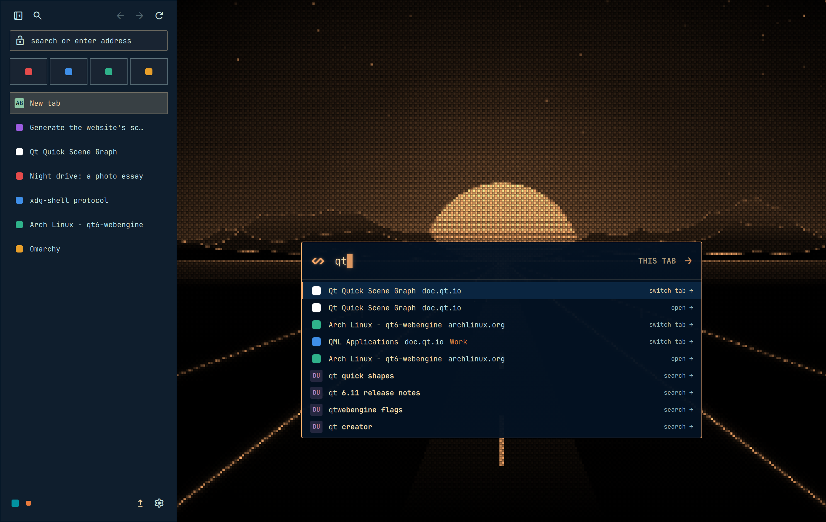 The Omnibar listing open tabs in two Spaces, history and engine suggestions