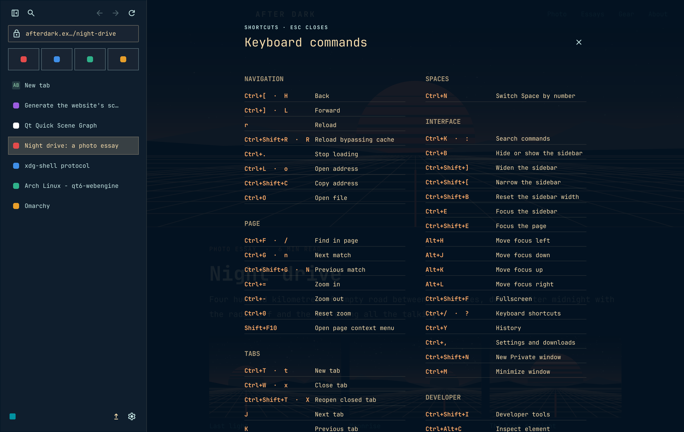 The shortcut sheet over a page, listing the keys Omaweb binds